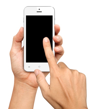 Hand holding and Touch on White Smartphone with blank screen on white backgroundの写真素材