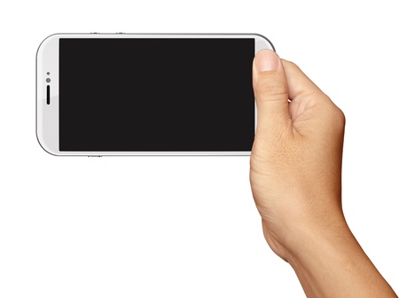 Hand holding White Smartphone in horizontal on white backgroundの写真素材