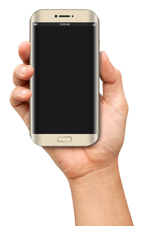 Hand holding Curve Screen Smartphone with blank screen on white backgroundの写真素材