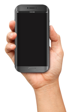 Hand holding Curve Screen Smartphone with blank screen on white backgroundの写真素材