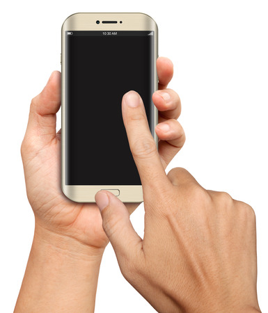 Hand hold and Touch on Curve Screen Smartphone on white backgroundの写真素材