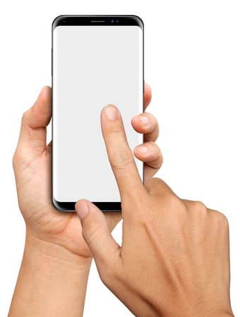 Hand holding and touch Black Smartphone with blank screen on white backgroundの写真素材