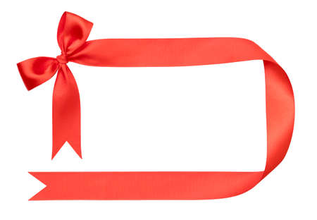 Shiny red satin ribbon frame on white backgroundの写真素材