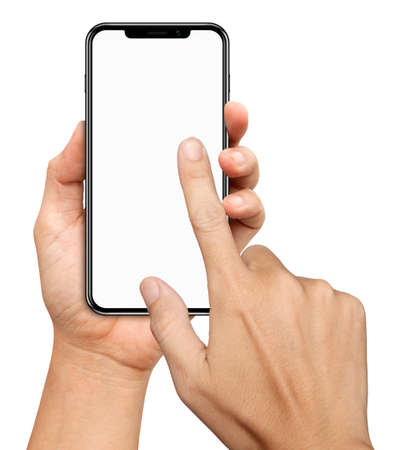 Hand hold and Touch on big screen Smartphone on white backgroundの写真素材
