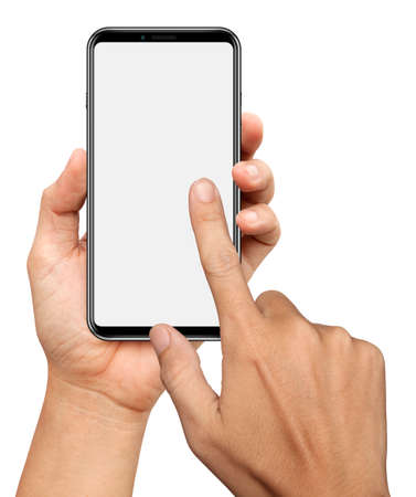 hands are holding and touching on a small bezels Smart Phone Isolated on white backgroundの写真素材