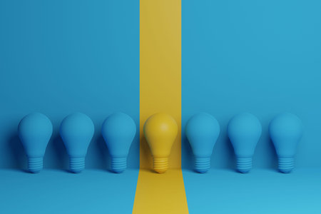 3d illustration ,Light bulb yellow floating outstanding among lightbulb light blue on background....