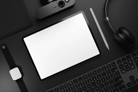 3D illustration Top view mock up digital tablet with white smart watch on Black background