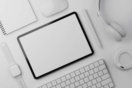 3D illustration Top view mock up digital tablet with white screen and stylus pen on white backgroundの写真素材