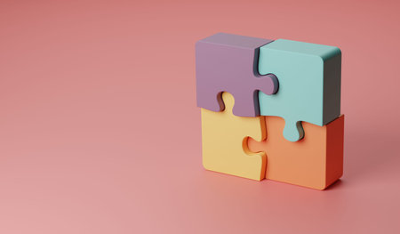 3d illustration Rotated four pieces of jigsaw puzzle or teamwork concept