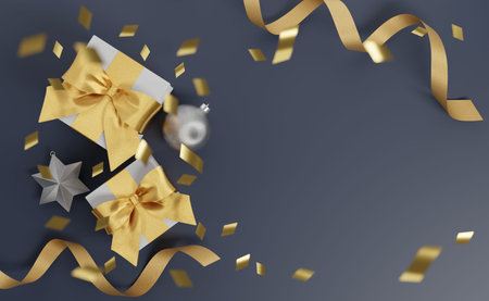 Christmas and New Year Gifts with confetti and Decoration.Banner design 3D Illustration