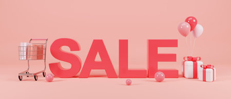 3d pink sale word over pink background with shopping cart and gift boxes. 3D illustrationの写真素材