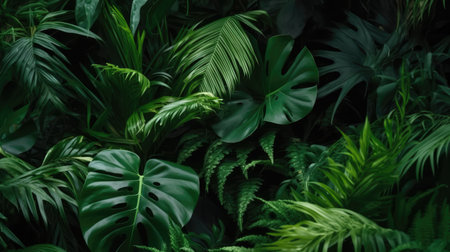Tropical background with monstera leaves and ferns.の素材