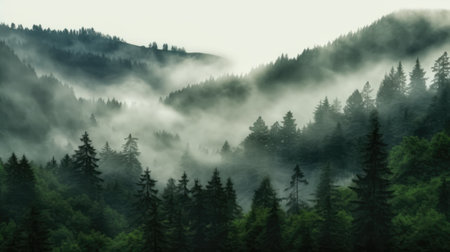 Foggy mountain landscape with coniferous forest in the foregroundの素材