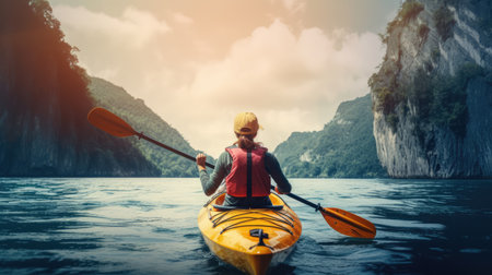 Woman Traveler Kayaking is a popular recreational activityの素材