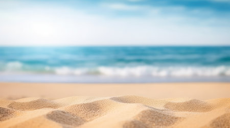 Closeup of sand on tropical beach with sea and blue sky backgroundの素材