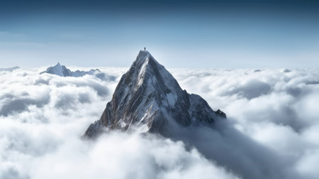 Panorama of a mountain peak in the clouds with a man on topの素材