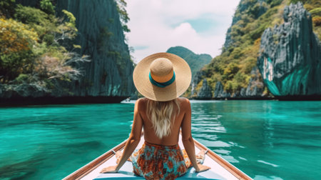 Young woman in a hat and swimsuit on a boat in the bay of Phi Phi Islandsの素材