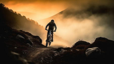 Cyclist Riding the Mountain Bike on the Rocky Trail at Sunset. Extreme Sport Concept.の素材