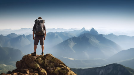 Hiker with backpack standing on top of a mountain and enjoying the viewの素材