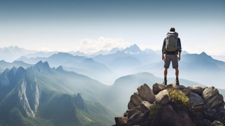 Hiker with backpack standing on top of a mountain and looking into the distanceの素材