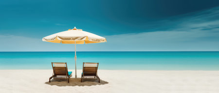 Two sun loungers and umbrella on a tropical beachの素材