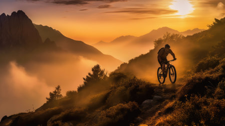 Silhouette of a mountain biker riding a bicycle in the mountains at sunsetの素材