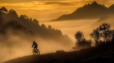 Silhouette of cyclist riding mountain bike on misty mountain road at sunriseの素材