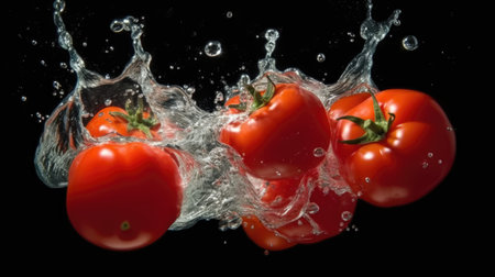 Tomatoes falling into water with splash on black background. Studio shot.の素材
