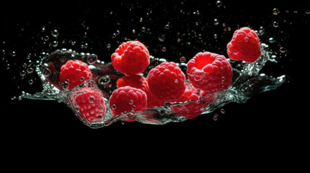 Raspberries falling into water with splash on black background, close upの素材