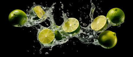 Fresh limes falling into water with splash isolated on black background.の素材