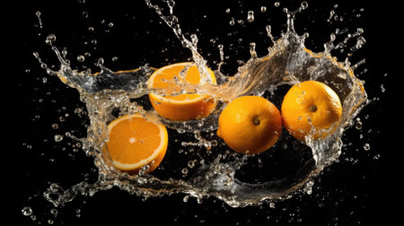 Fresh orange in water splash isolated on black backgroundの素材