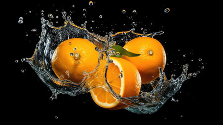Fresh orange in water splash isolated on black backgroundの素材