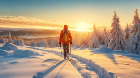 Winter hiking in the mountains on snowshoes with a backpack and tent.の素材