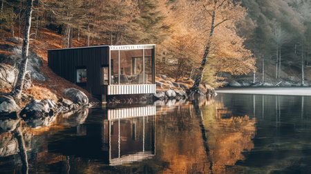 Wooden house on a lake in autumn forestの素材