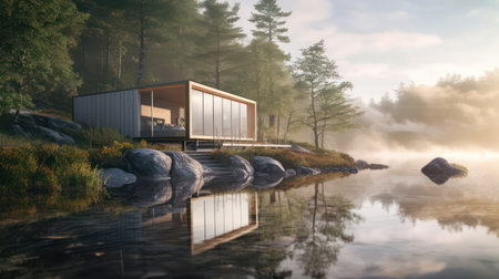 Wooden house on a lake in autumn forest.の素材