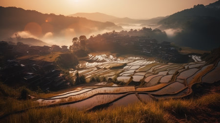 Beautiful Rice terraces on the Misty Mountain at sunsetの素材