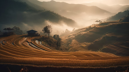 Beautiful Rice terraces on the Misty Mountain at sunsetの素材