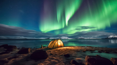 Aurora borealis northern lights over camping tent on the beachの素材