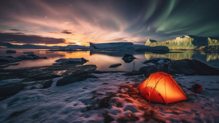 Tourist tent in the snow, surrounded by icebergs at night, Icelandの素材