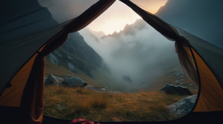 Tent in the mountains at dawn. Camping in the mountains.の素材