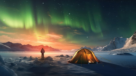 Tourist camping in the northern lights.の素材