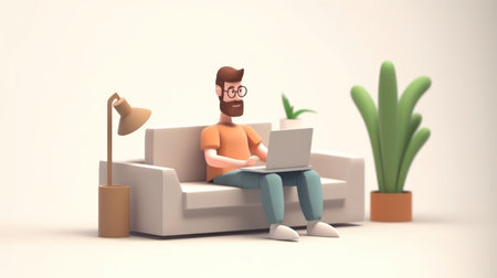 3D illustration of a man sitting in an armchair with a laptopの素材