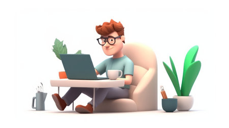 3D illustration of a man sitting in an armchair with a laptopの素材