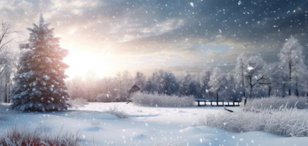 Beautiful winter landscape with snow covered treesの素材