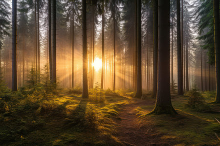 Misty morning in the forest. Sun rays through the treesの素材