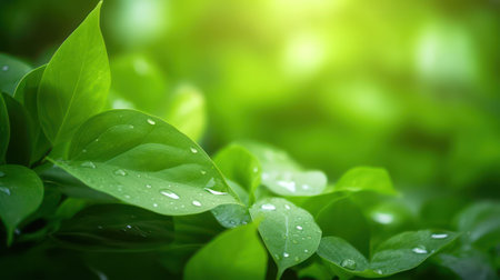 Closeup of nature view green leaf on blurred greenery background under sunlight with bokeh and copy space using as background natural plants landscape, ecology wallpaper concept.の素材