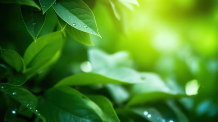 Closeup of nature view green leaf on blurred greenery background under sunlight with bokeh and copy space using as background natural plants landscape, ecology wallpaper concept.の素材