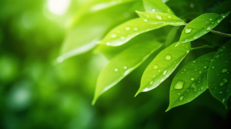 Closeup of nature view green leaf on blurred greenery background under sunlight with bokeh and copy space using as background natural plants landscape, ecology wallpaper concept.の素材
