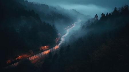Mountain road in the fog. Car light trails in the mountainsの素材