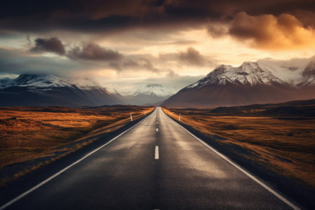Road in Iceland with dramatic cloudy sky. Travel and nature concept.の素材